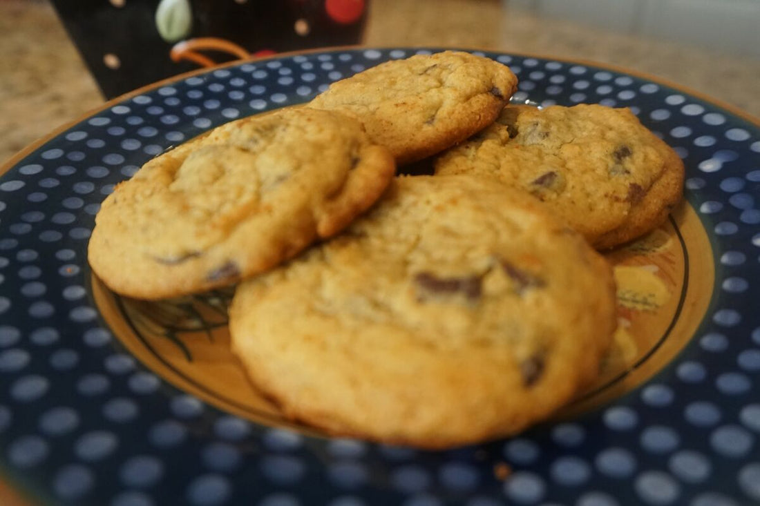 GoodShoog™ Chocolate Chip Cookies on a blue polka dot plate